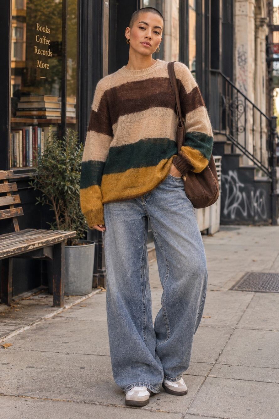 H&M Oversized Mohair Wool Blend Striped Sweater 90s Grandpa Knit XS